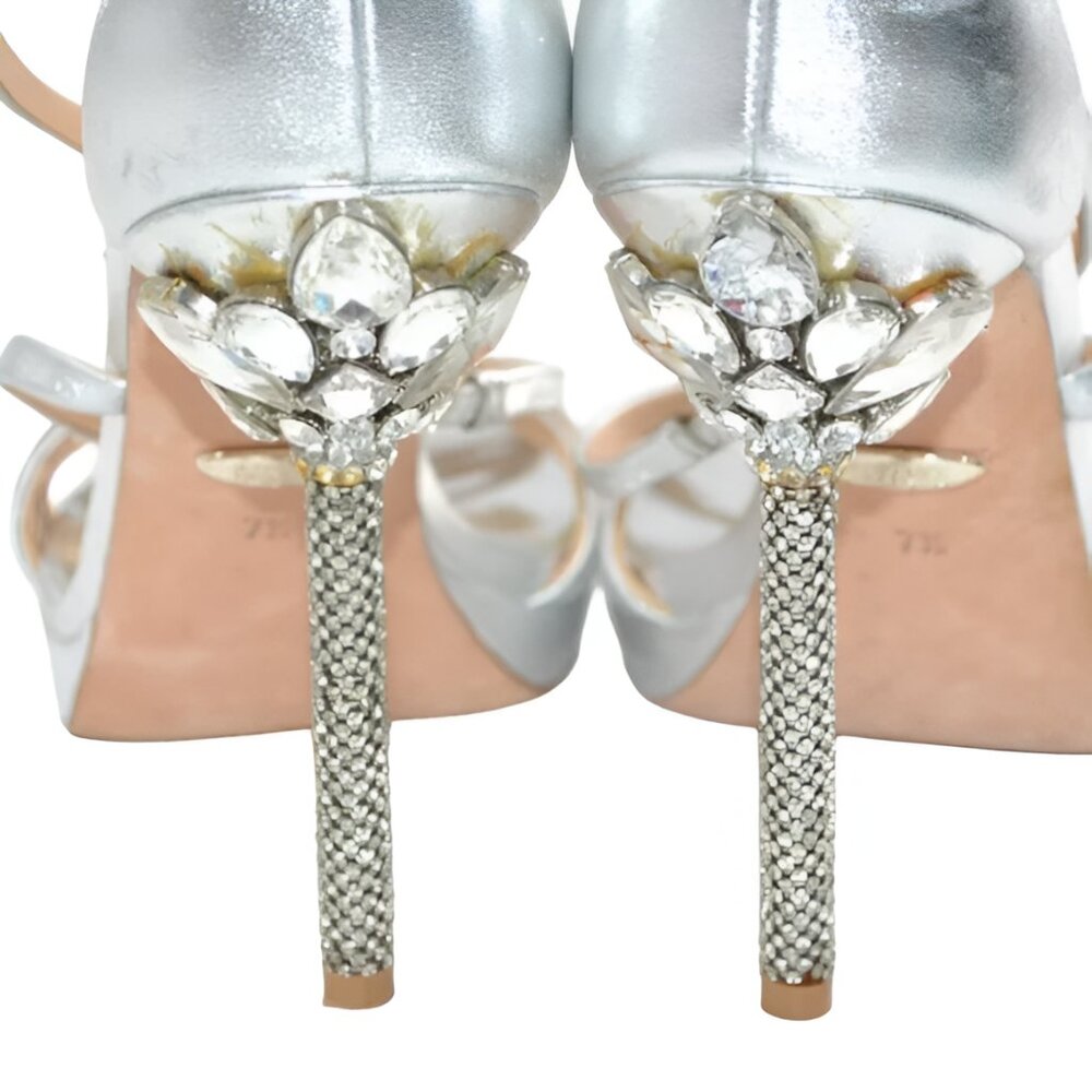 Badgley Mischka Silver Leather Crystal Diamond Open Toe Dress Strappy Heels 7.5 - Picture 6 of 13
